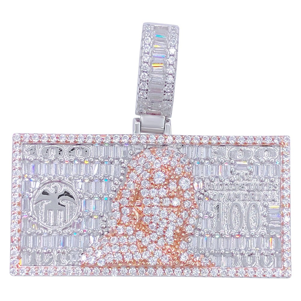 .925 Silver $100 Bill Baguette VVS CZ Iced Out Pendant White Gold HipHopBling
