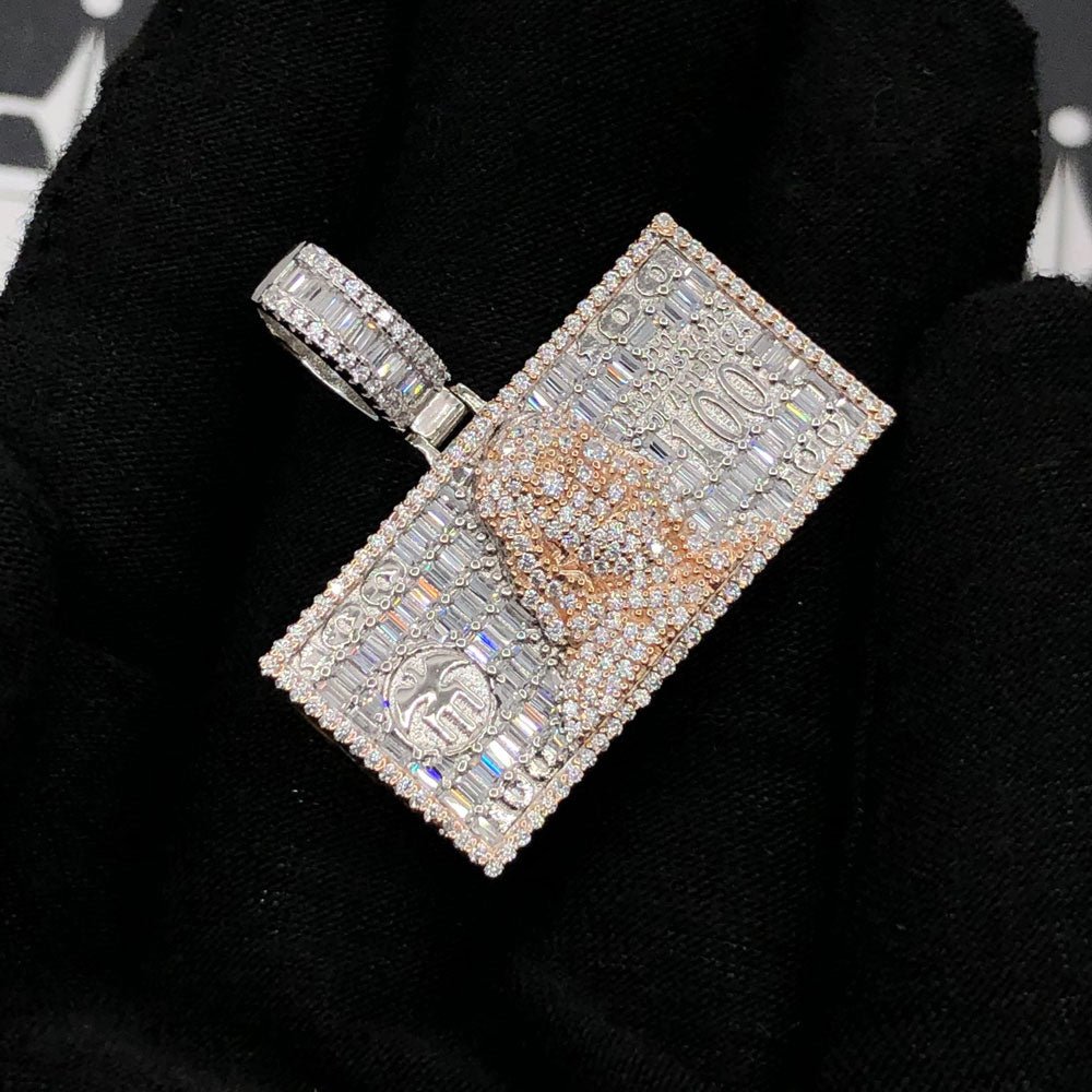 .925 Silver $100 Bill Baguette VVS CZ Iced Out Pendant White Gold HipHopBling