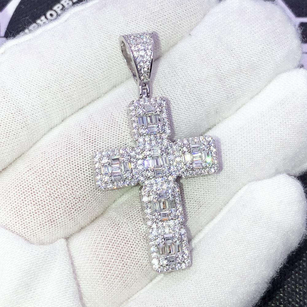.925 Silver 3D Baguette Cluster Cross VVS CZ Iced Out Pendant Yellow Gold HipHopBling