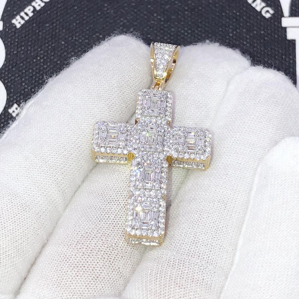 .925 Silver 3D Baguette Cluster Cross VVS CZ Iced Out Pendant Yellow Gold HipHopBling