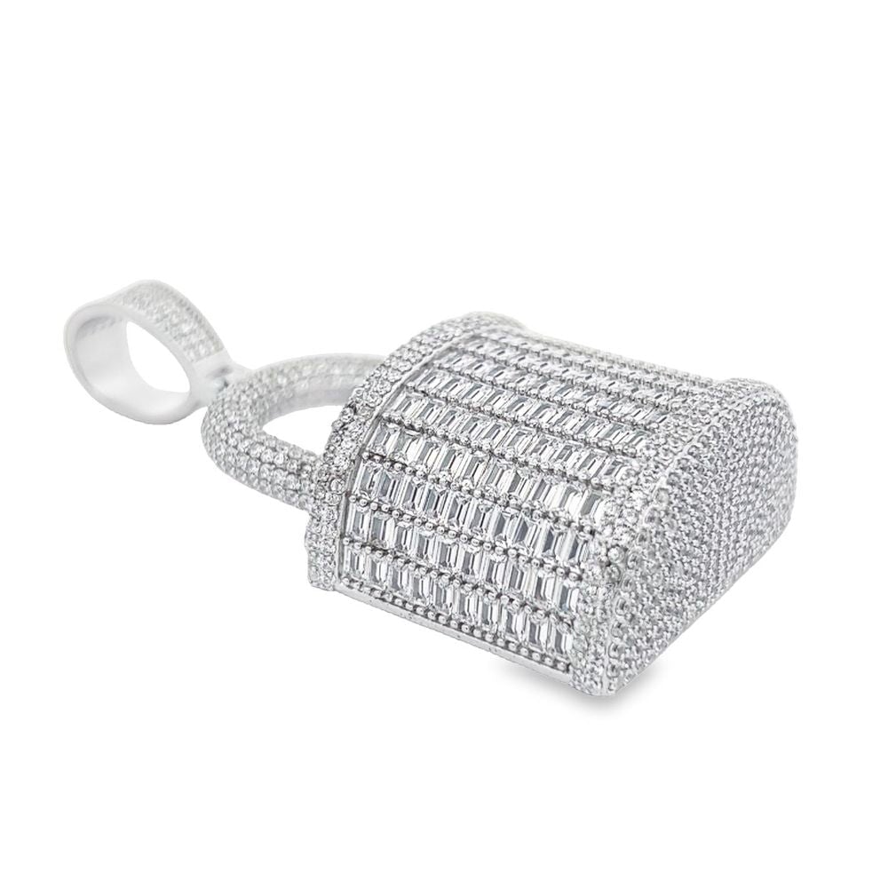 .925 Silver 3D Baguette Padlock CZ Iced Out Pendant White Gold HipHopBling
