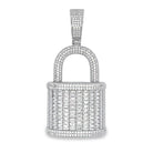 .925 Silver 3D Baguette Padlock CZ Iced Out Pendant White Gold HipHopBling