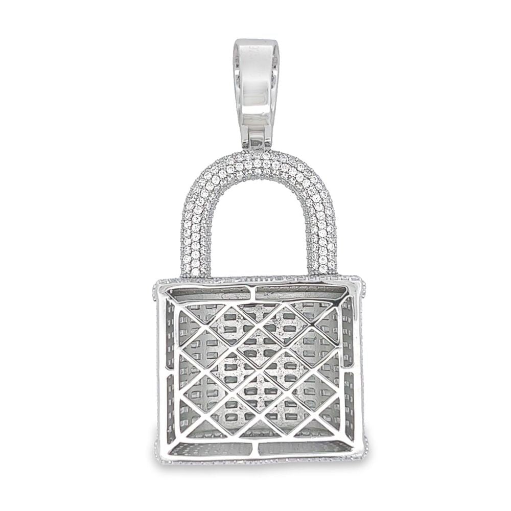 .925 Silver 3D Baguette Padlock CZ Iced Out Pendant White Gold HipHopBling