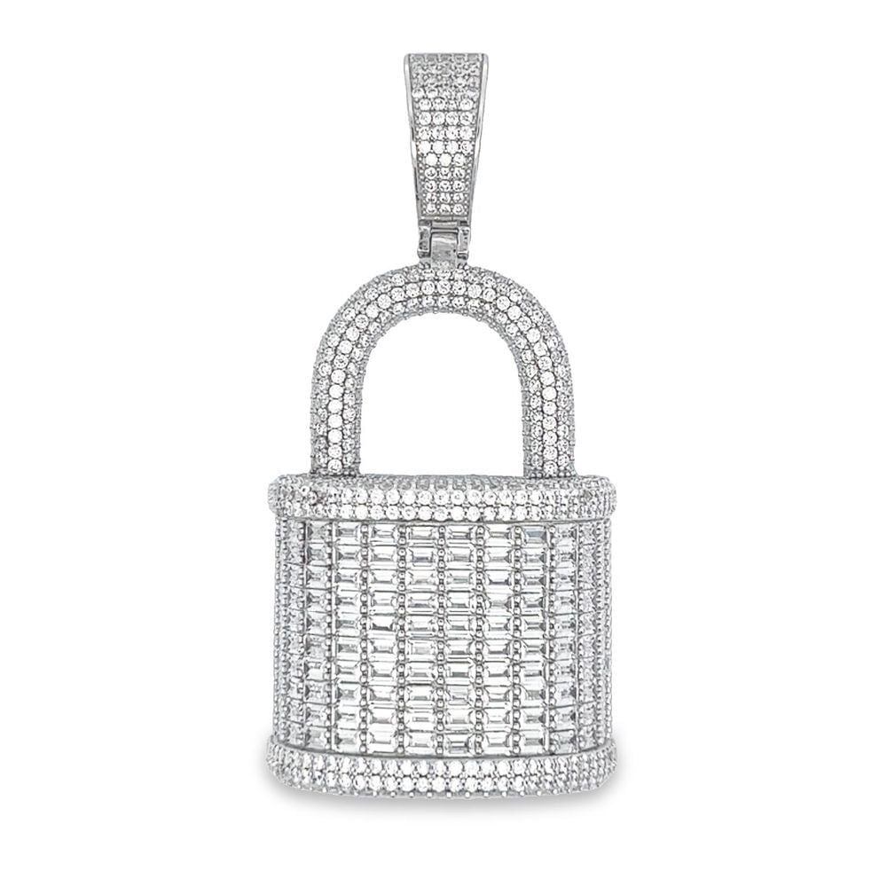 .925 Silver 3D Baguette Padlock CZ Iced Out Pendant White Gold HipHopBling