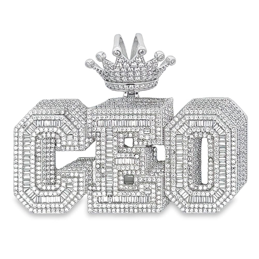 .925 Silver 3D CEO Layered Baguette CZ Iced Out Pendant White Gold HipHopBling