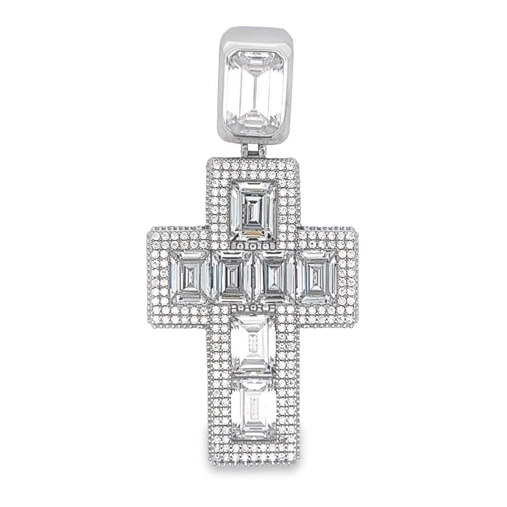 .925 Silver 3D Emerald Cut Thick CZ Iced Out Pendant White Gold HipHopBling