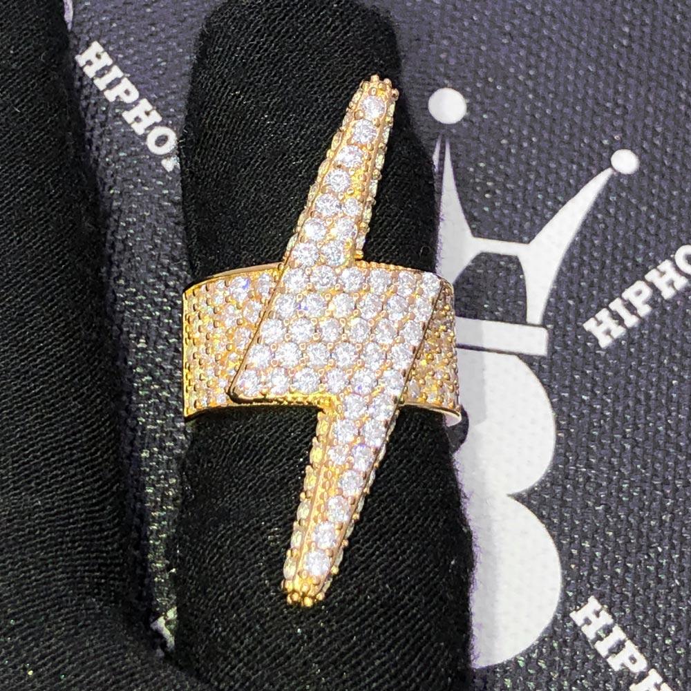.925 Silver 3D Lightning Bolt Iced Out Hip Hop Ring Yellow Gold 7 HipHopBling