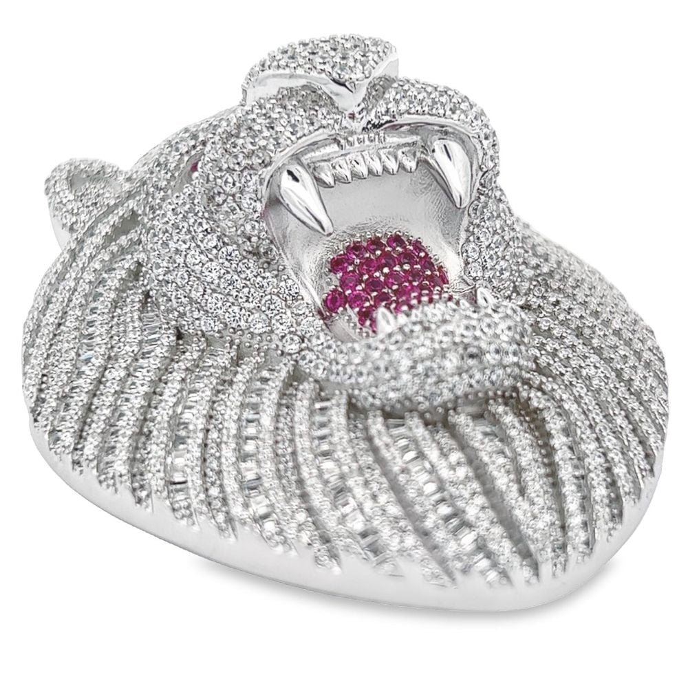 .925 Silver 3D Lion Face CZ Iced Out Pendant White Gold HipHopBling