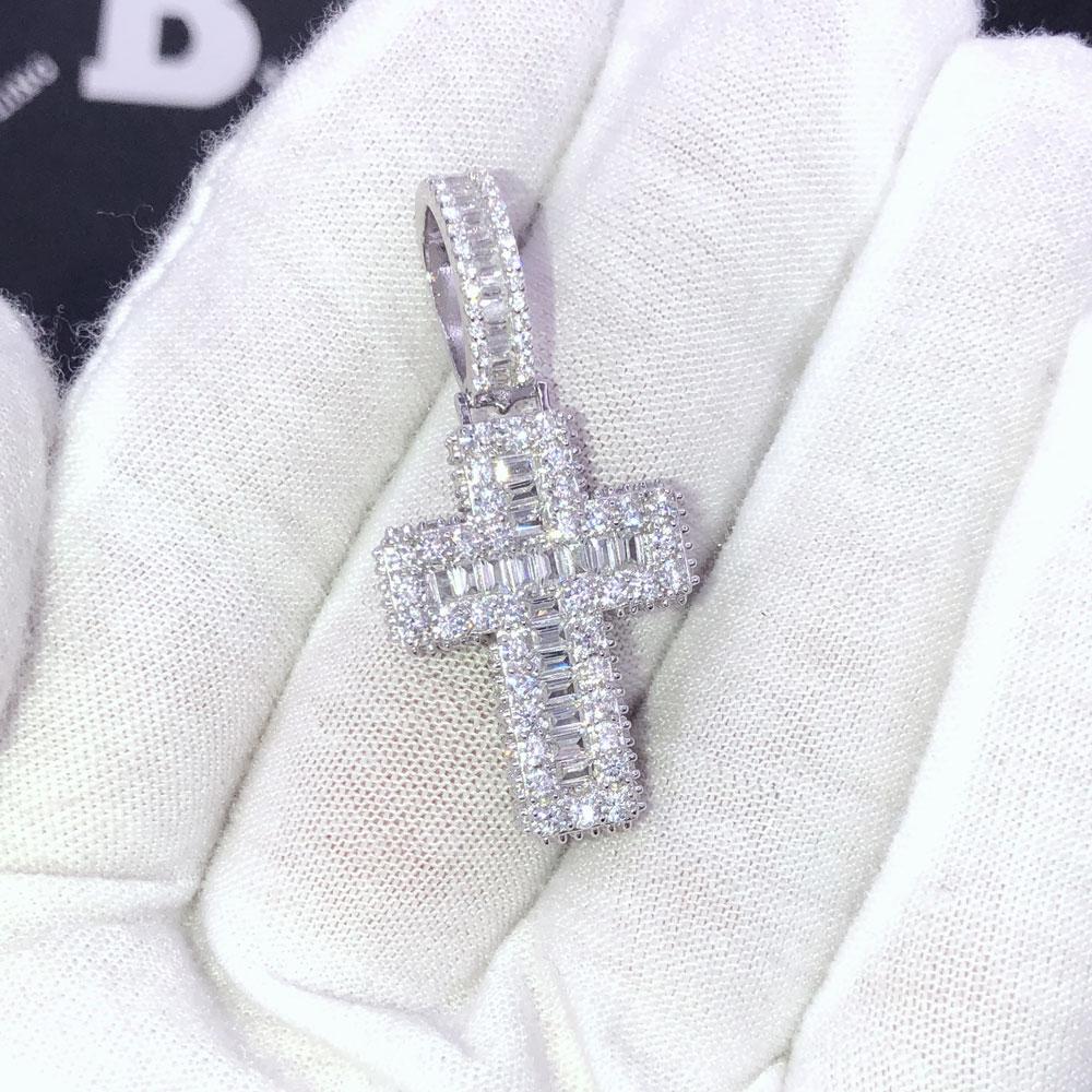 .925 Silver 3D Mini Cross Baguette VVS CZ Iced Out Pendant Yellow Gold HipHopBling