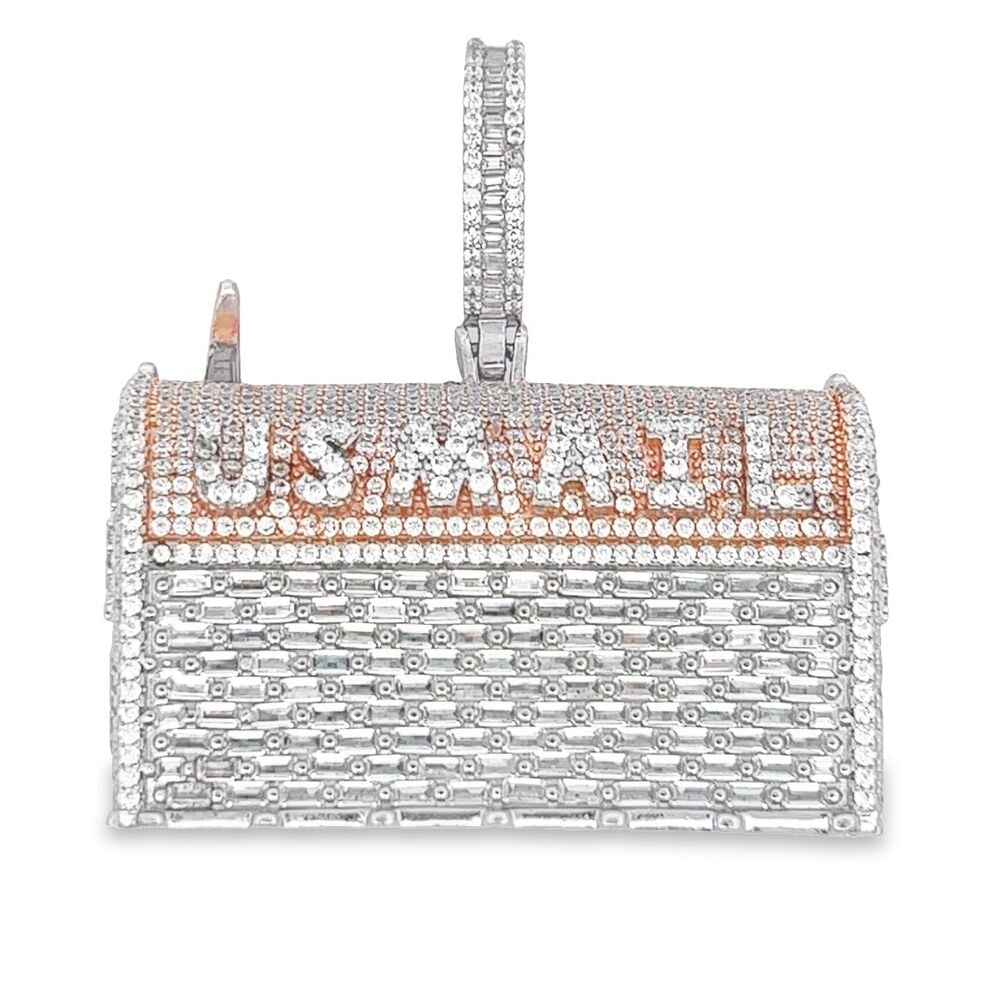 .925 Silver 3D US Mail Box Baguette CZ Iced Out Pendant White Gold HipHopBling