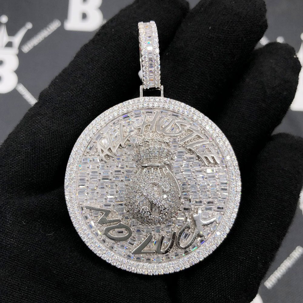 .925 Silver All Hustle No Luck Baguette VVS CZ Iced Out Pendant White Gold HipHopBling