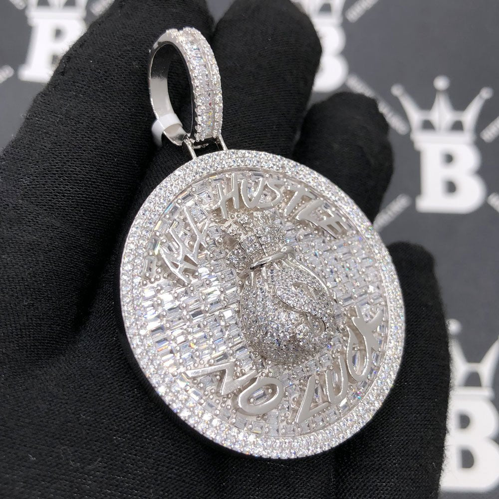 .925 Silver All Hustle No Luck Baguette VVS CZ Iced Out Pendant White Gold HipHopBling
