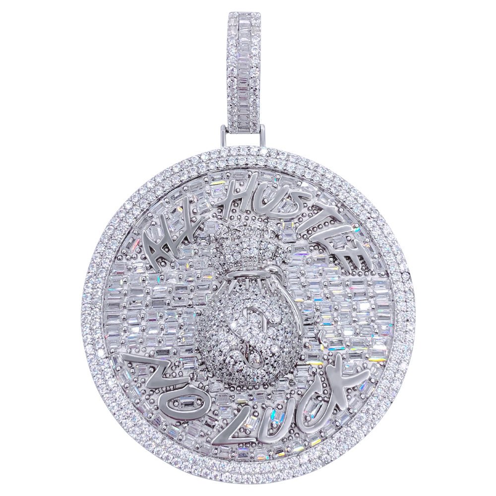 .925 Silver All Hustle No Luck Baguette VVS CZ Iced Out Pendant White Gold HipHopBling