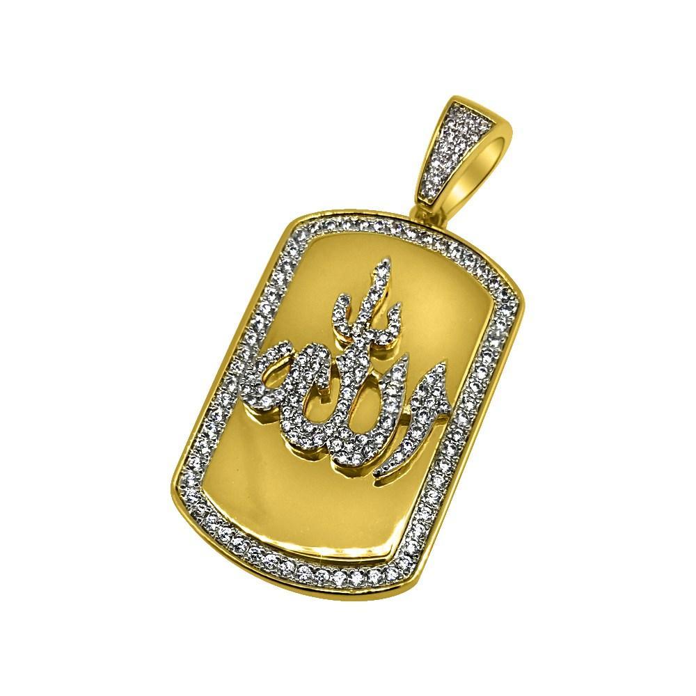 .925 Silver Allah Dog Tag Gold Bling Bling Pendant HipHopBling