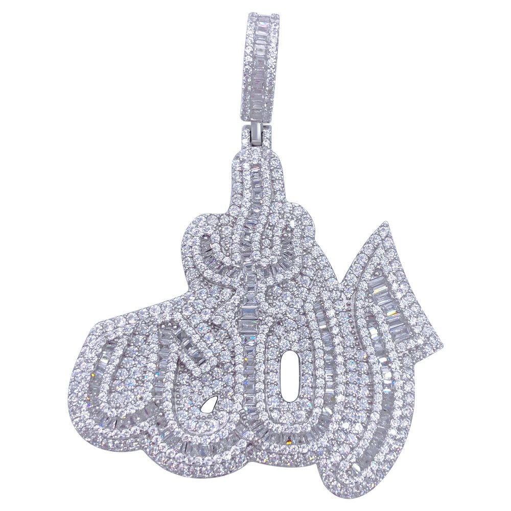 .925 Silver Allah God Arabic Baguette VVS CZ Iced Out Pendant White Gold HipHopBling