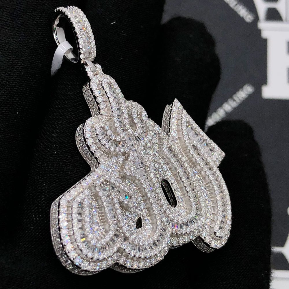.925 Silver Allah God Arabic Baguette VVS CZ Iced Out Pendant White Gold HipHopBling