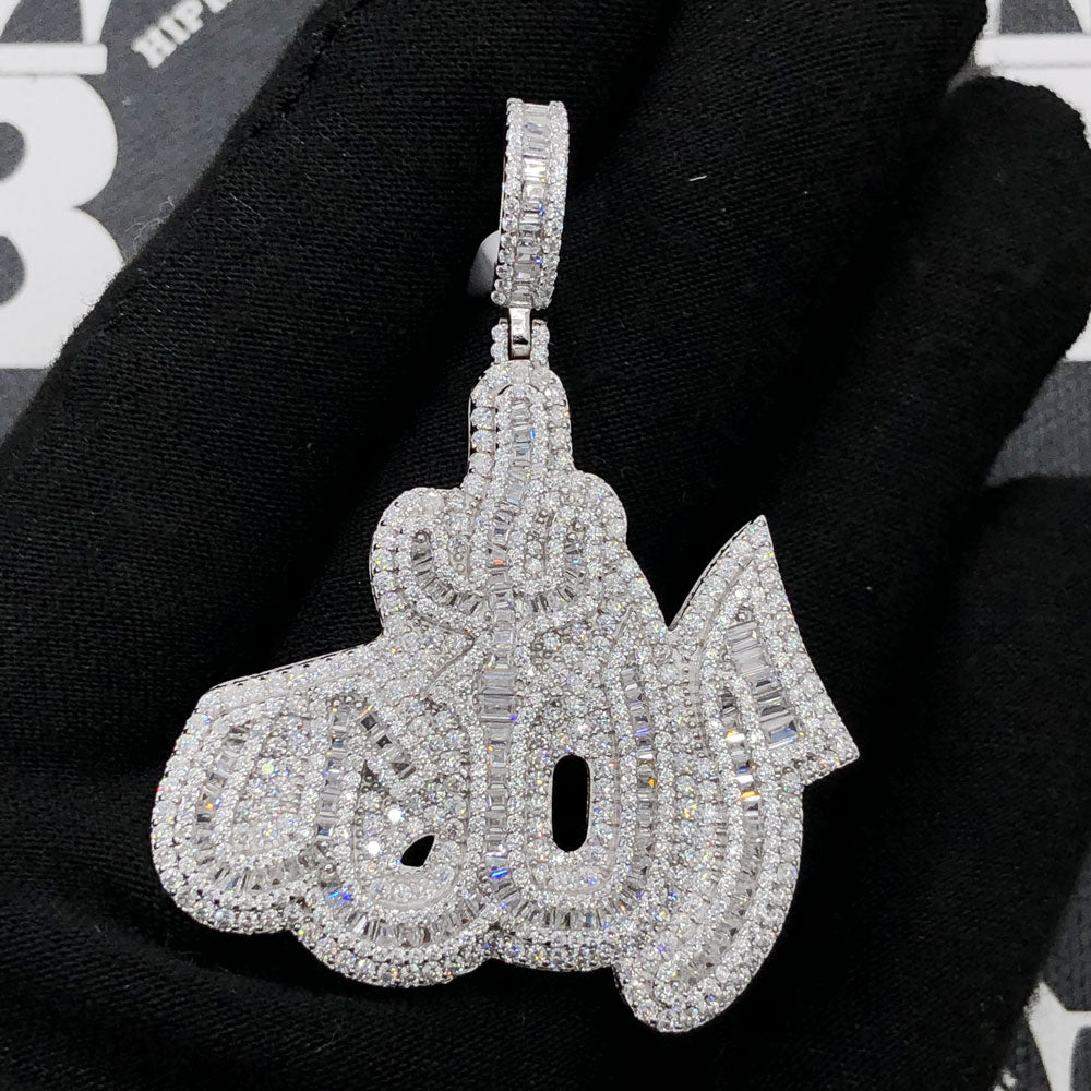 .925 Silver Allah God Arabic Baguette VVS CZ Iced Out Pendant White Gold HipHopBling