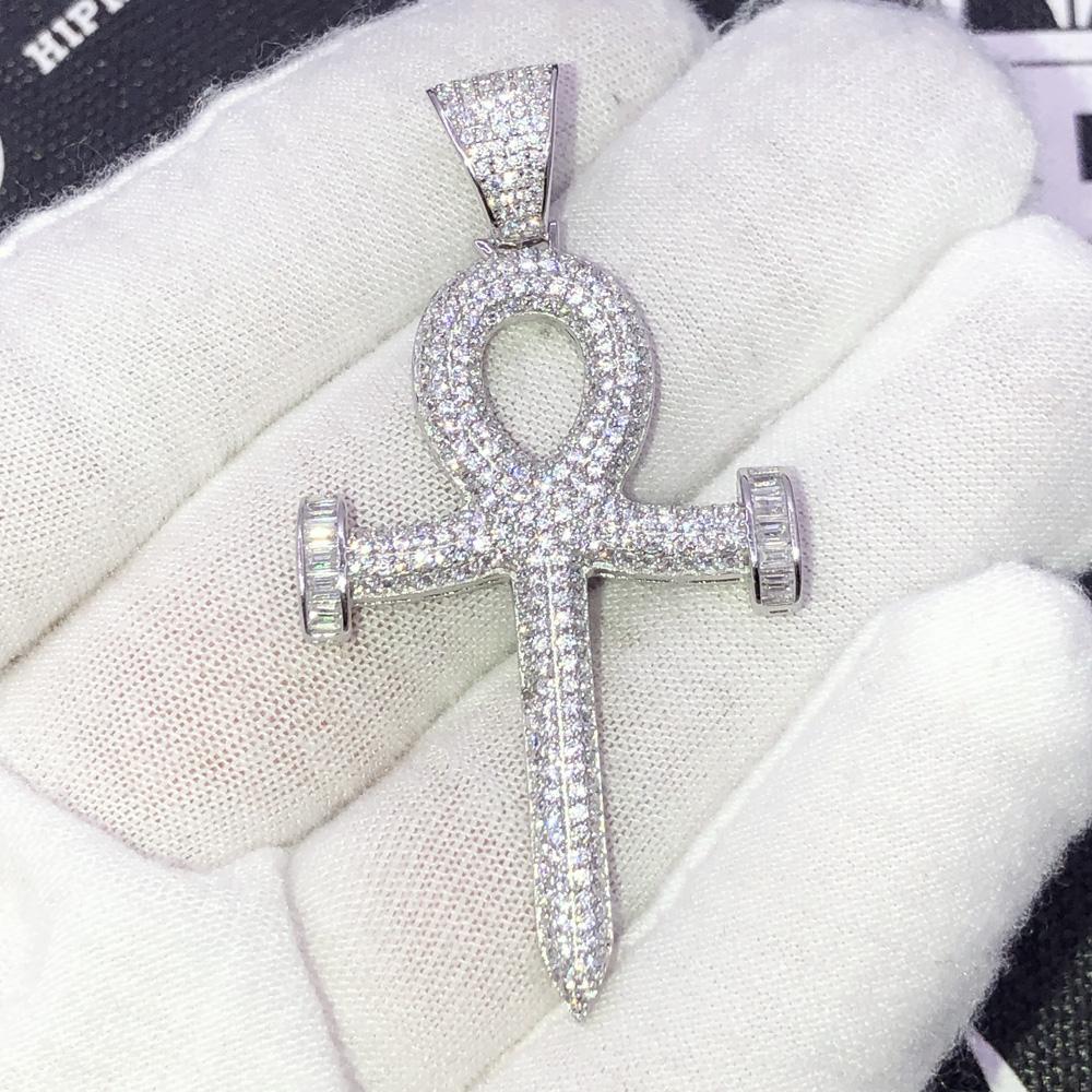 .925 Silver Ankh Nail Baguette VVS CZ Iced Out Pendant White Gold HipHopBling