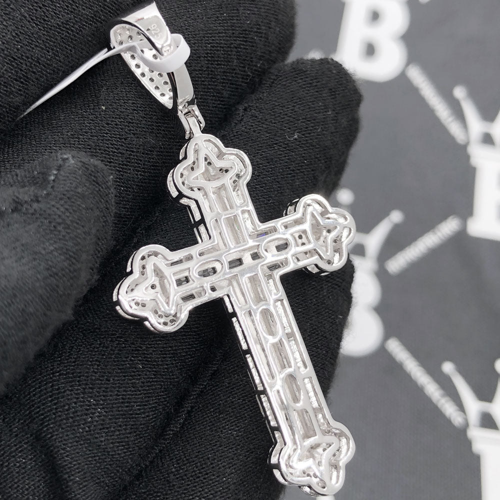 .925 Silver Antique Cross Baguette VVS CZ Iced Out Pendant White Gold HipHopBling