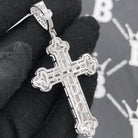 .925 Silver Antique Cross Baguette VVS CZ Iced Out Pendant White Gold HipHopBling