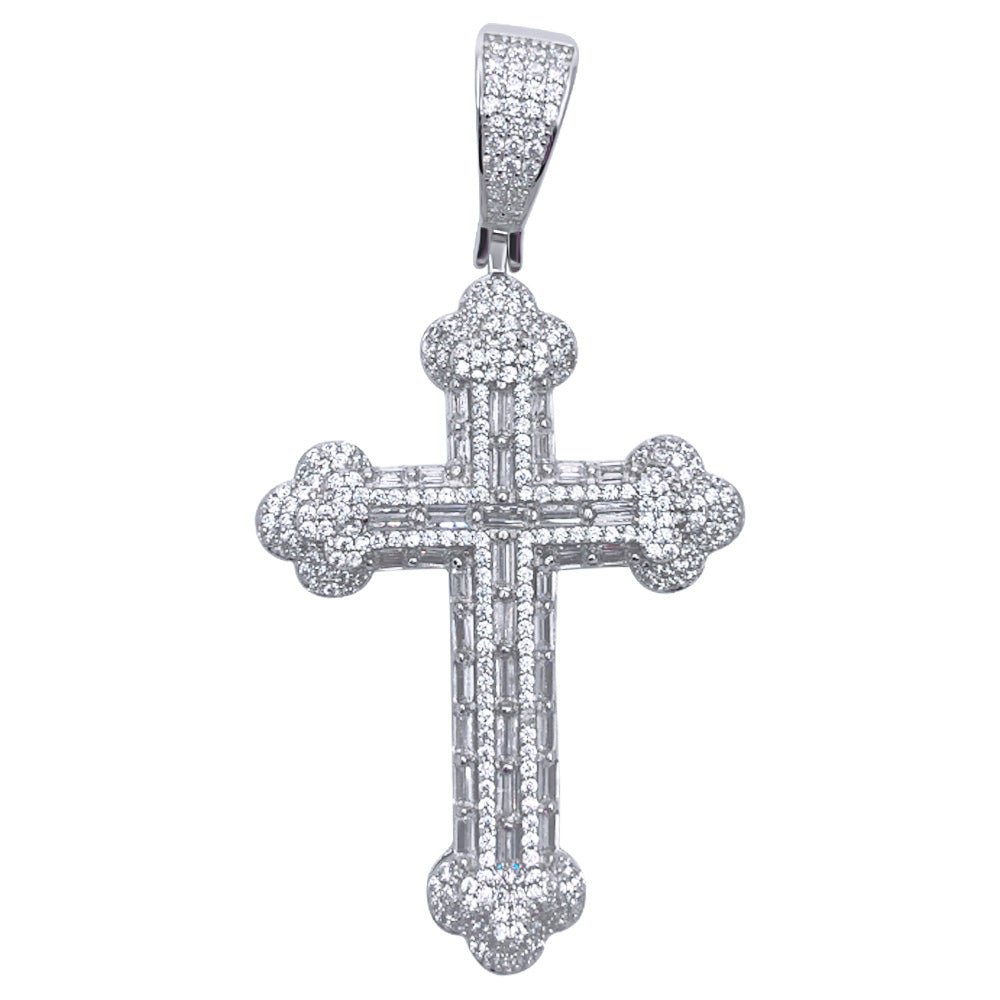 .925 Silver Antique Cross Baguette VVS CZ Iced Out Pendant White Gold HipHopBling