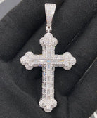 .925 Silver Antique Cross Baguette VVS CZ Iced Out Pendant White Gold HipHopBling