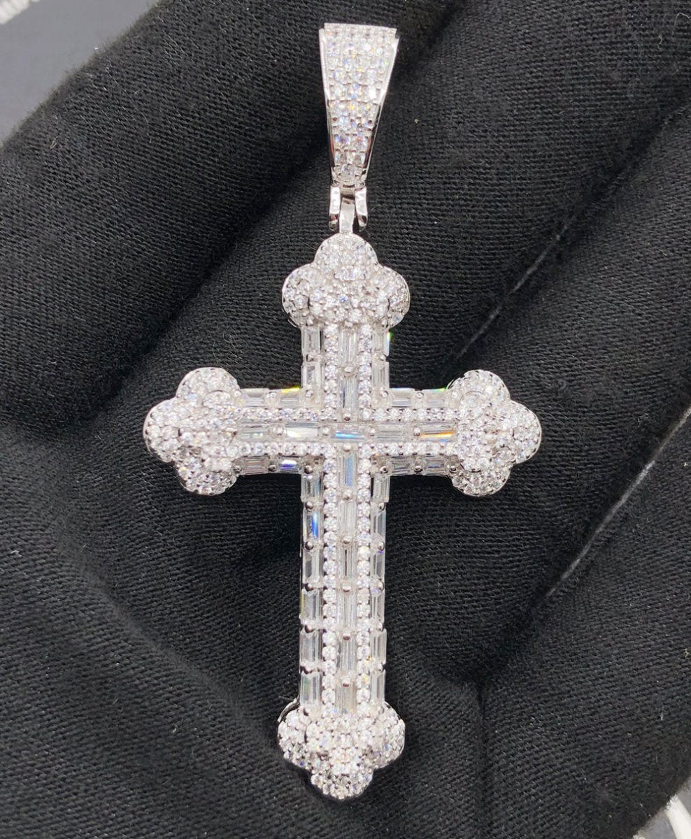 .925 Silver Antique Cross Baguette VVS CZ Iced Out Pendant White Gold HipHopBling