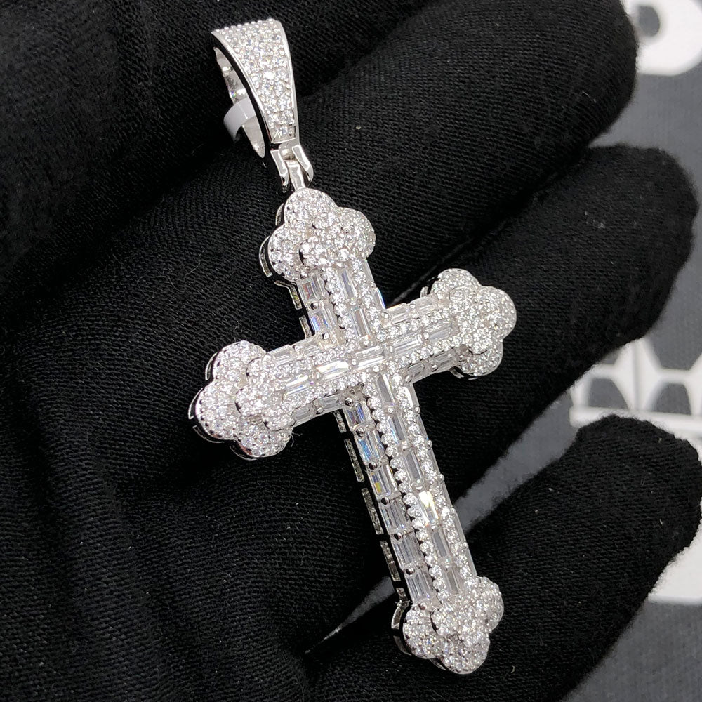 .925 Silver Antique Cross Baguette VVS CZ Iced Out Pendant White Gold HipHopBling