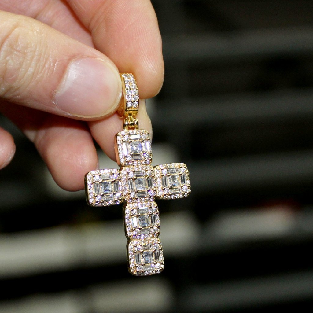 .925 Silver Asscher Cut Cluster CZ Cross White Gold HipHopBling