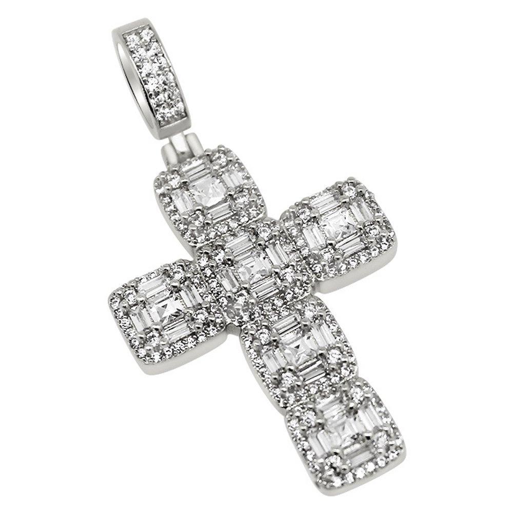 .925 Silver Asscher Cut Cluster CZ Cross White Gold HipHopBling