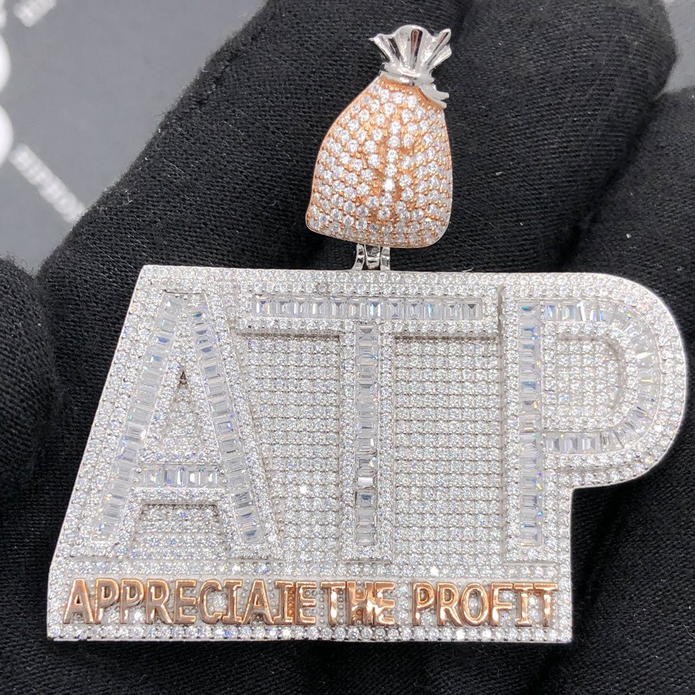 .925 Silver ATP Appreciate the Profit Baguette VVS CZ Iced Out Pendant White Gold HipHopBling