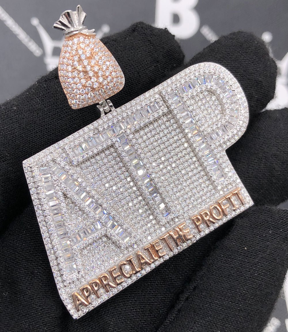 .925 Silver ATP Appreciate the Profit Baguette VVS CZ Iced Out Pendant White Gold HipHopBling