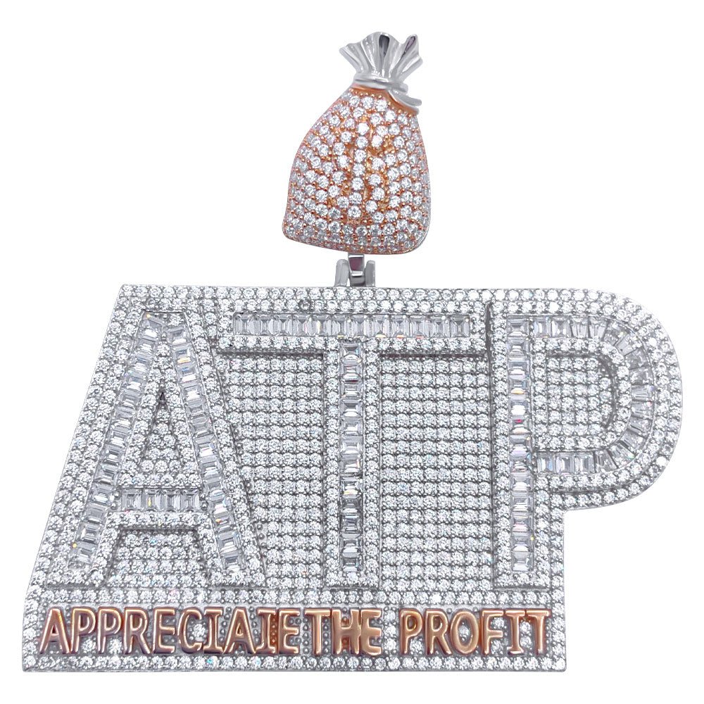 .925 Silver ATP Appreciate the Profit Baguette VVS CZ Iced Out Pendant White Gold HipHopBling