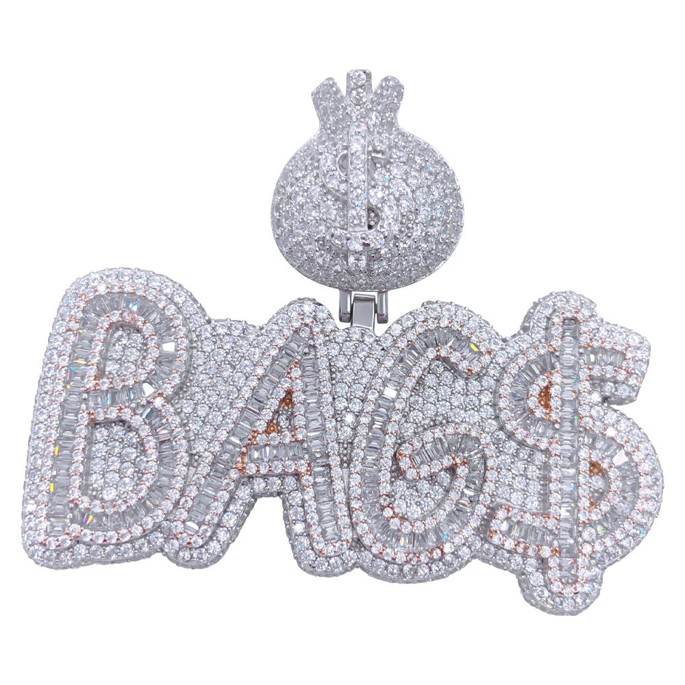 .925 Silver BAG$ VVS CZ Iced Out Pendant White Gold HipHopBling