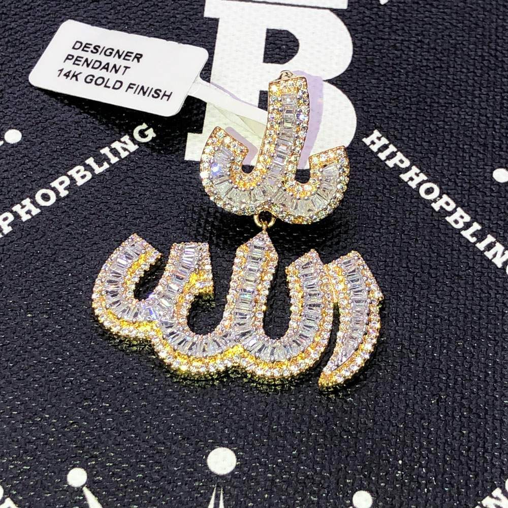.925 Silver Baguette Allah Arabic VVS CZ Iced Out Pendant Yellow Gold HipHopBling