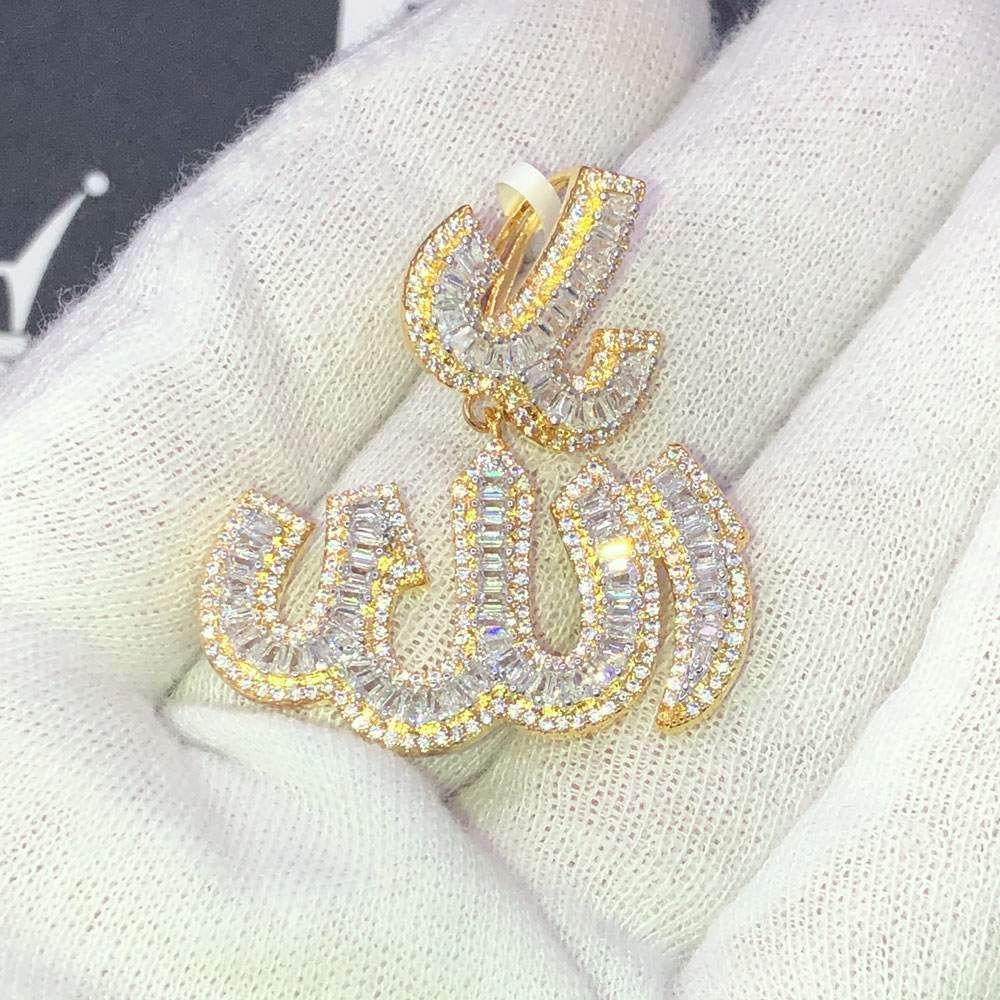 .925 Silver Baguette Allah Arabic VVS CZ Iced Out Pendant Yellow Gold HipHopBling