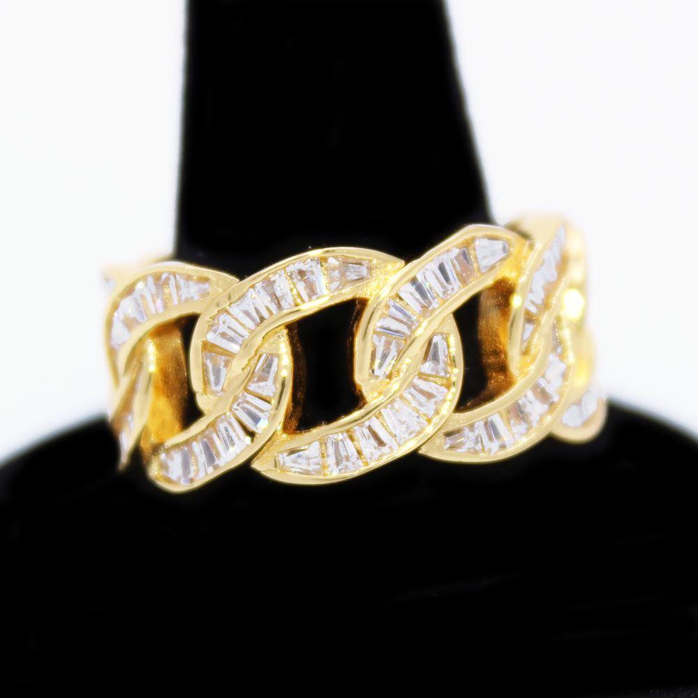 .925 Silver Baguette Cuban CZ Hip Hop Bling Ring Yellow Gold 7 HipHopBling