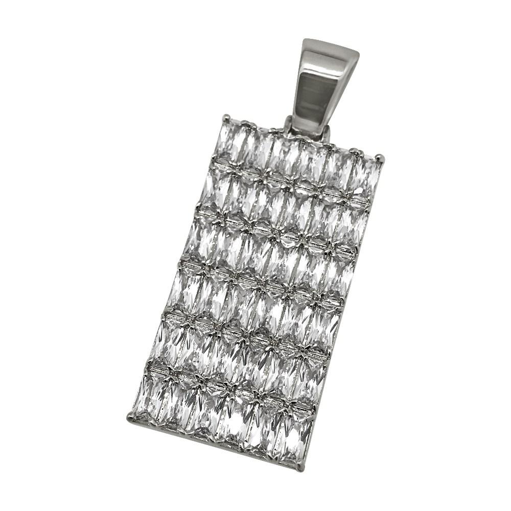 .925 Silver Baguette CZ Bling Bling Dog Tag Pendant White Gold HipHopBling