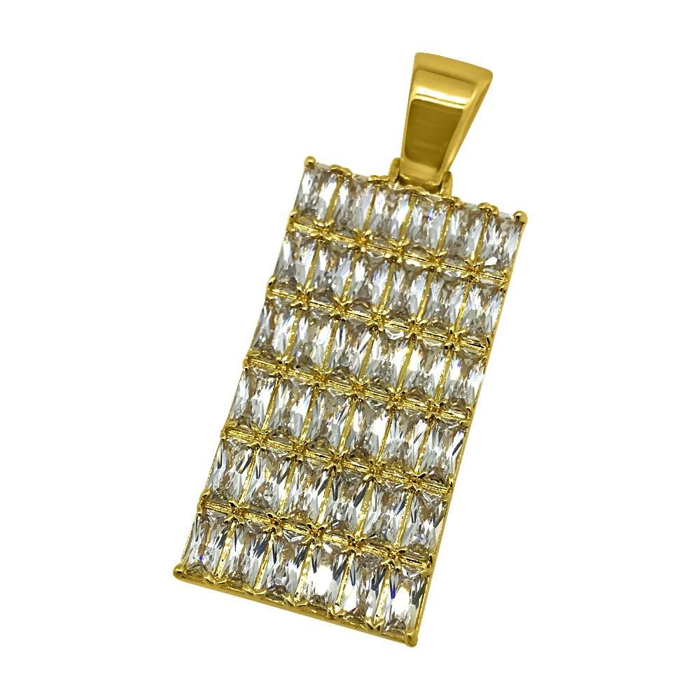 .925 Silver Baguette CZ Bling Bling Dog Tag Pendant Yellow Gold HipHopBling