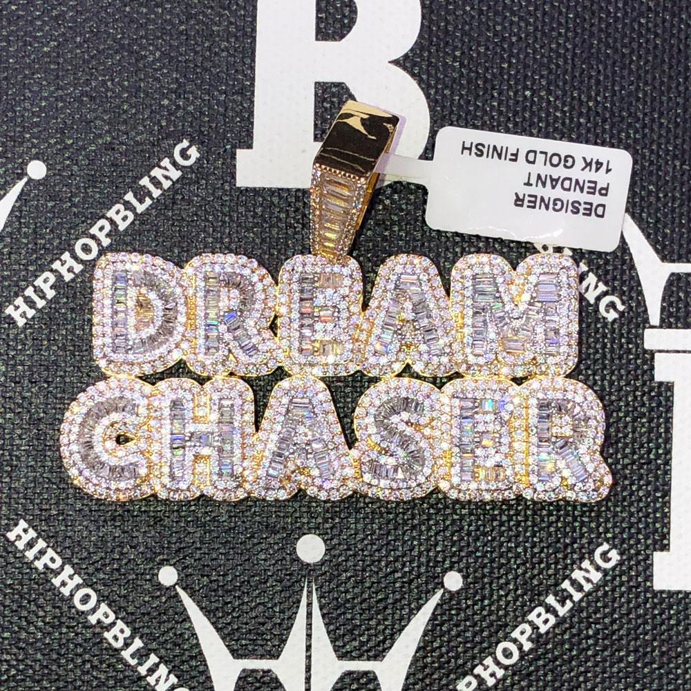 .925 Silver Baguette DREAM CHASER VVS CZ Iced Out Pendant Yellow Gold HipHopBling