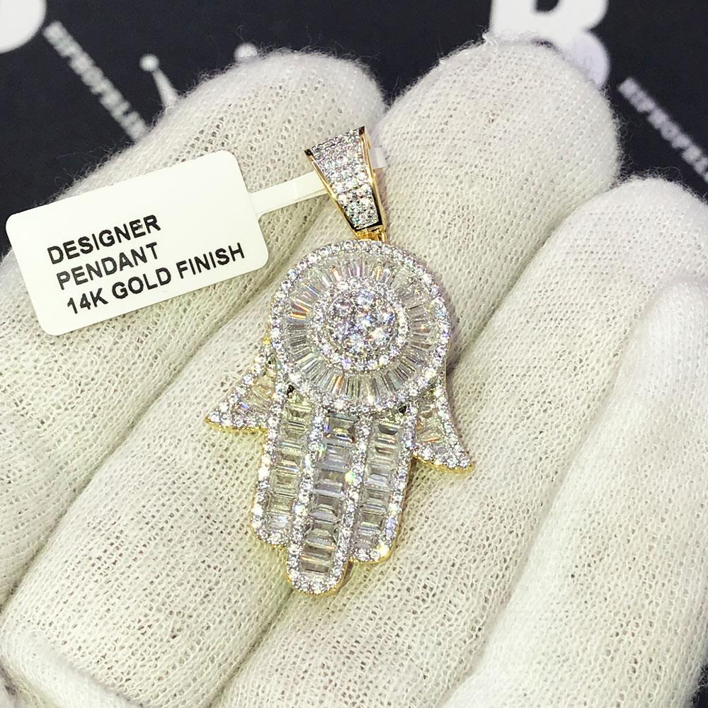 .925 Silver Baguette Hamsa VVS CZ Iced Out Pendant Yellow Gold HipHopBling