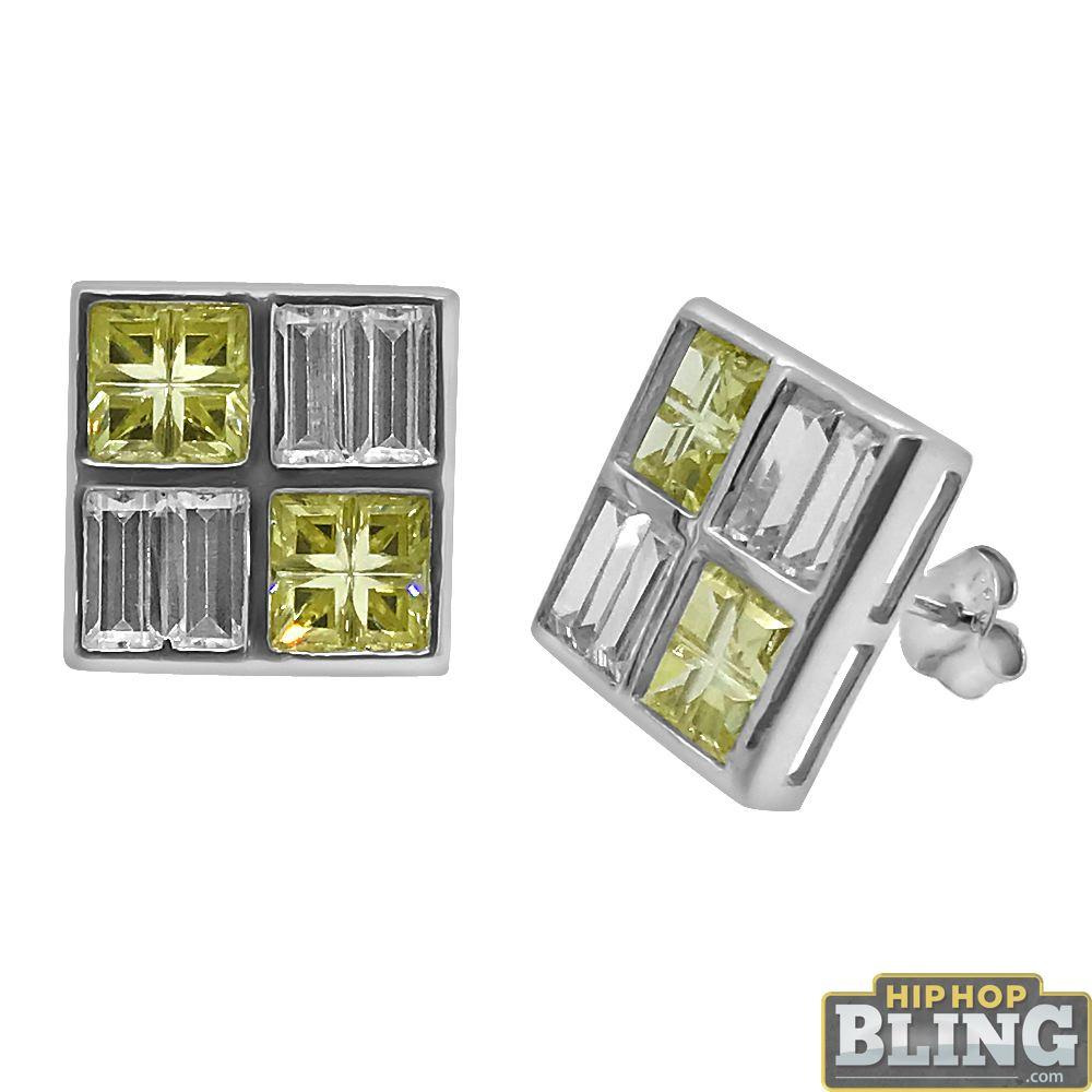 .925 Silver Baguette Yellow Princess Box Earrings HipHopBling