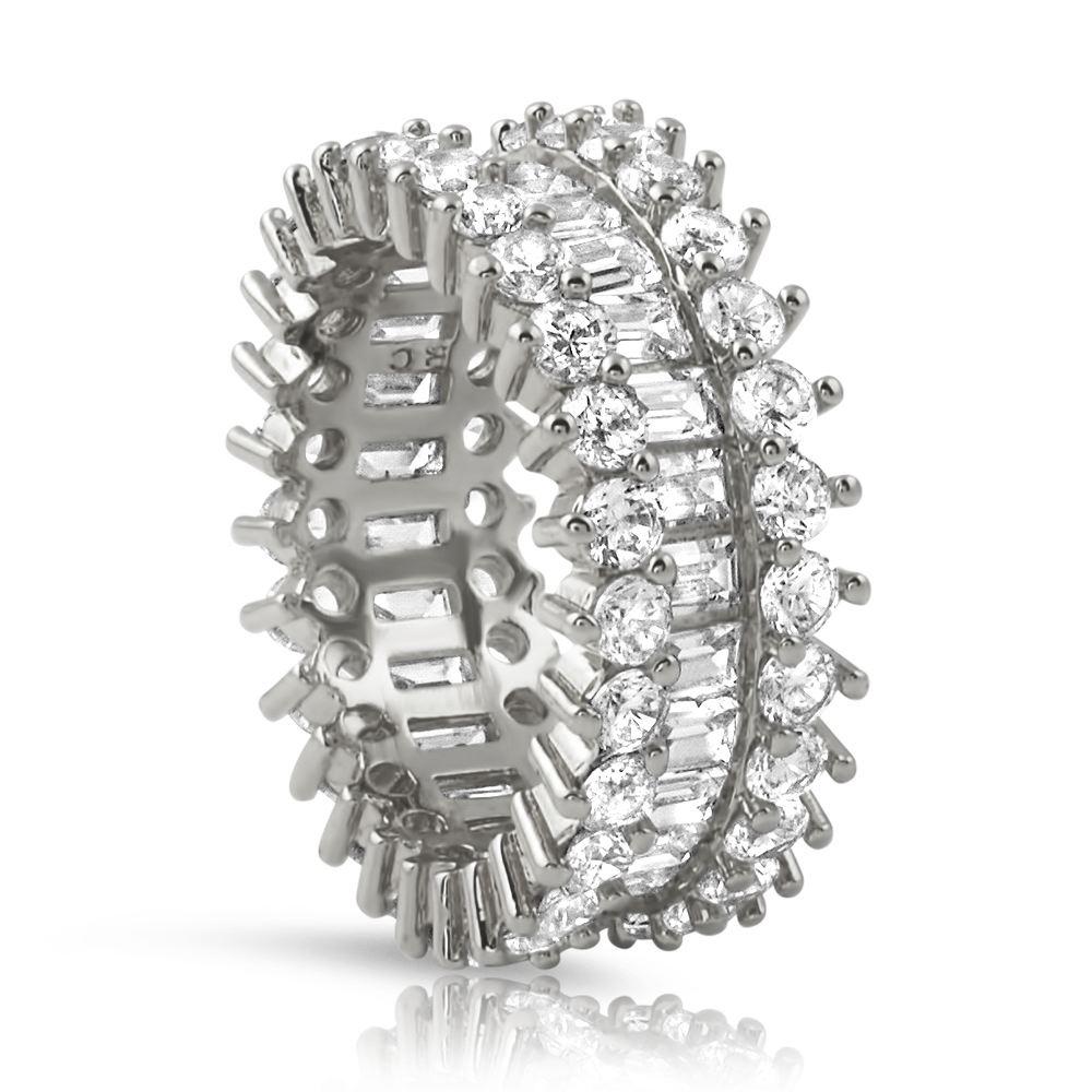 .925 Silver Baguettes CZ Chunky Ice Eternity Bling Ring in Rhodium 12 HipHopBling