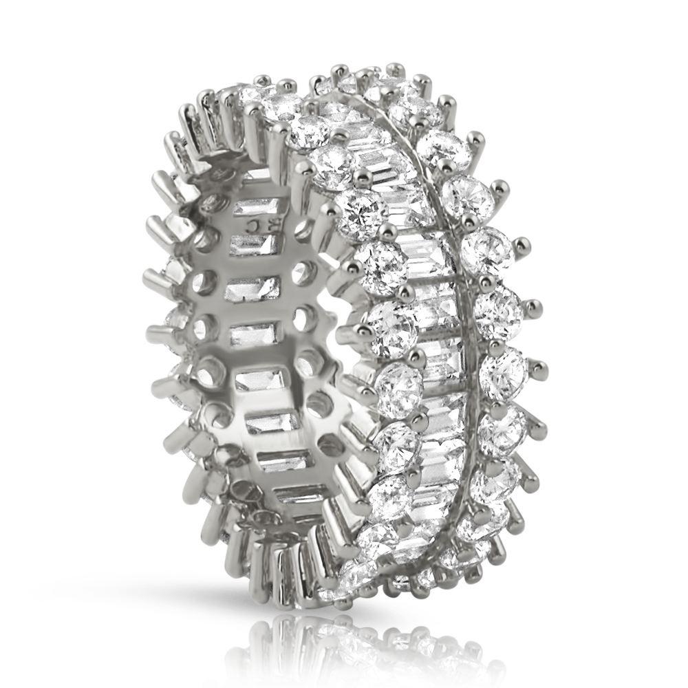 .925 Silver Baguettes CZ Chunky Ice Eternity Bling Ring in Rhodium HipHopBling