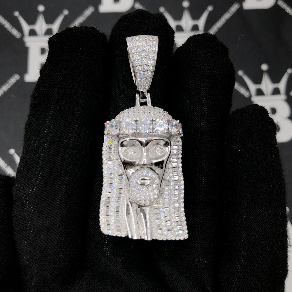 .925 Silver Big Stone Crown Baguette Jesus VVS CZ Pendant HipHopBling