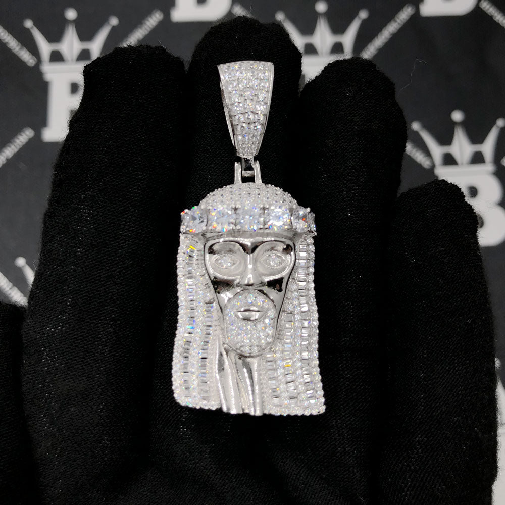 .925 Silver Big Stone Crown Baguette Jesus VVS CZ Pendant White Gold HipHopBling