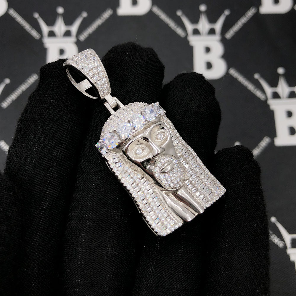 .925 Silver Big Stone Crown Baguette Jesus VVS CZ Pendant White Gold HipHopBling