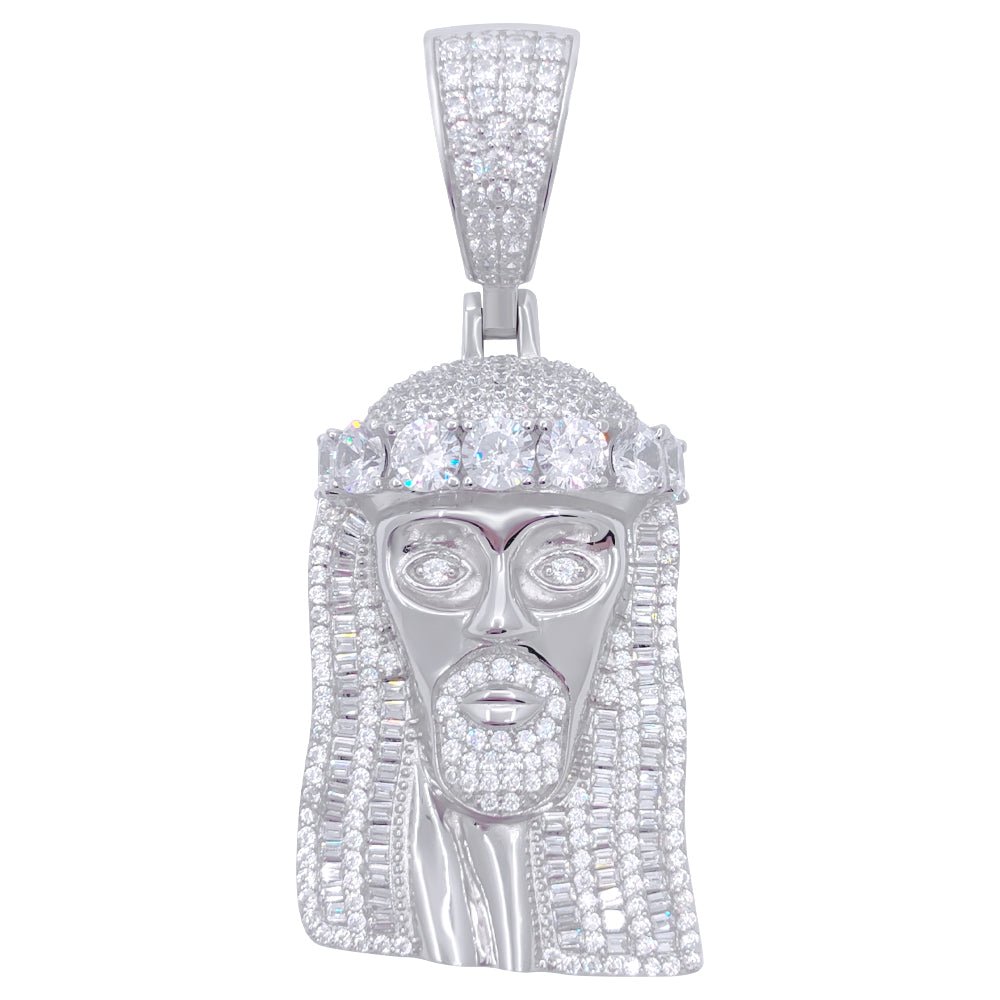 .925 Silver Big Stone Crown Baguette Jesus VVS CZ Pendant White Gold HipHopBling