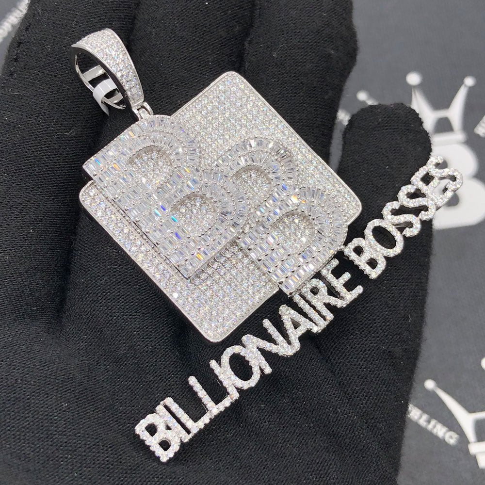 .925 Silver Billionaire Bosses Baguette VVS CZ Iced Out Pendant White Gold HipHopBling