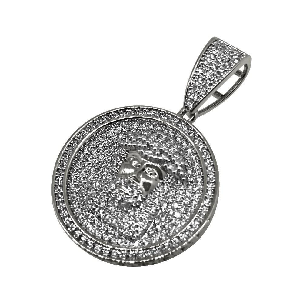 .925 Silver Bling Bling Mini Rhodium Jesus CZ Circle Pendant White Gold HipHopBling